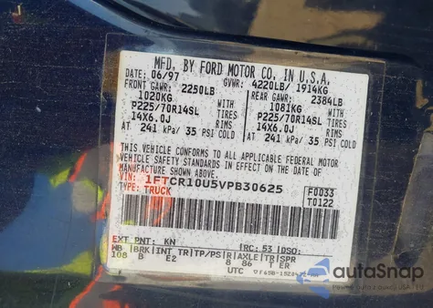 1997 Ford Ranger Splash/Xl/Xlt из США, поврежденный, VIN 1FTCR10U5VPB30625